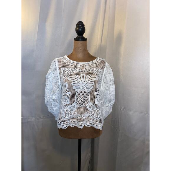 Farm Rio White Guipure Lace Blouse NWT $240 Stunning Boho Chic Top M Embroidered - Picture 2 of 11